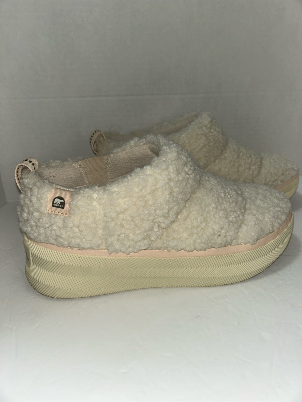 Sorel Cream/Tan Shearling Slip-On Platform Mules